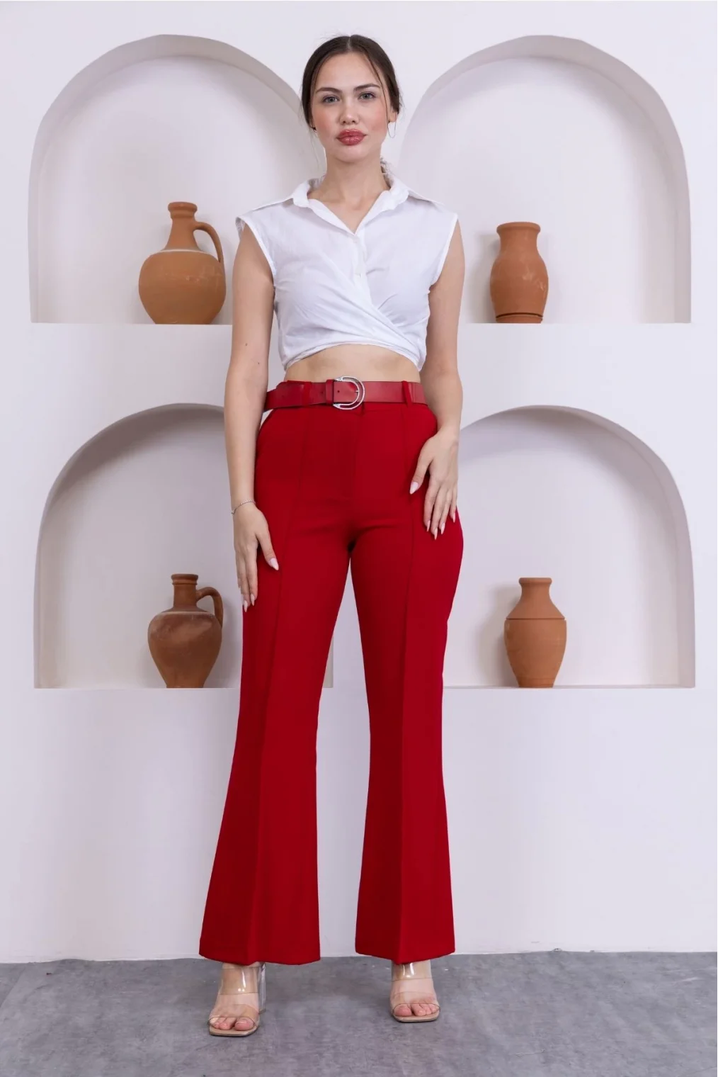 Kemerli İspanyol Paça Kadın Kumaş Pantolon 314-Kırmızı