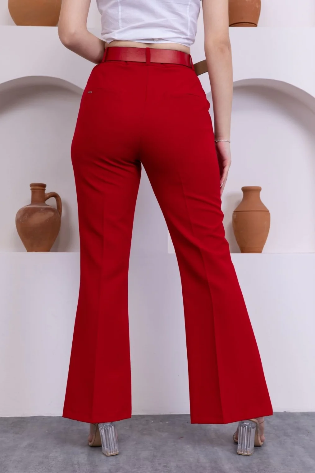 Kemerli İspanyol Paça Kadın Kumaş Pantolon 314-Kırmızı