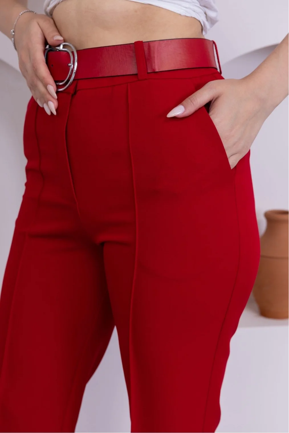 Kemerli İspanyol Paça Kadın Kumaş Pantolon 314-Kırmızı