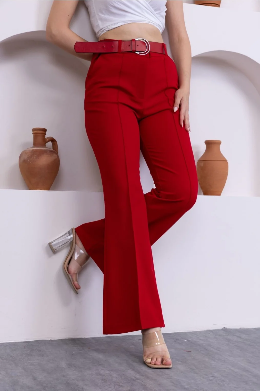 Kemerli İspanyol Paça Kadın Kumaş Pantolon 314-Kırmızı