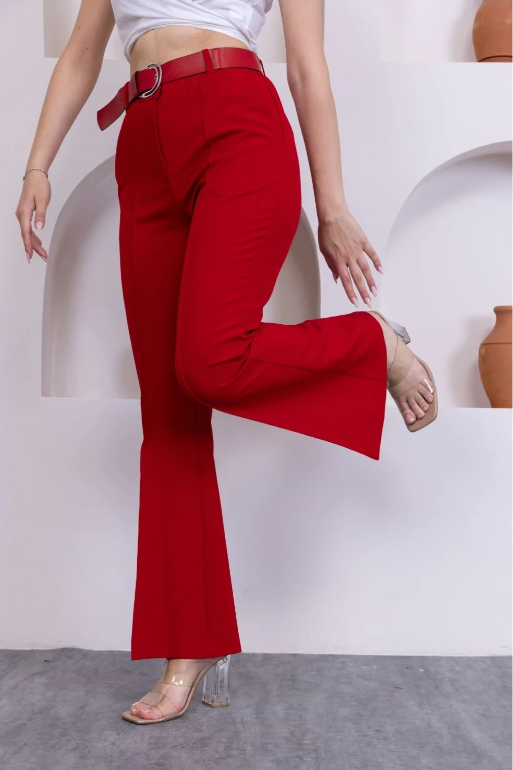 Kemerli İspanyol Paça Kadın Kumaş Pantolon 314-Kırmızı