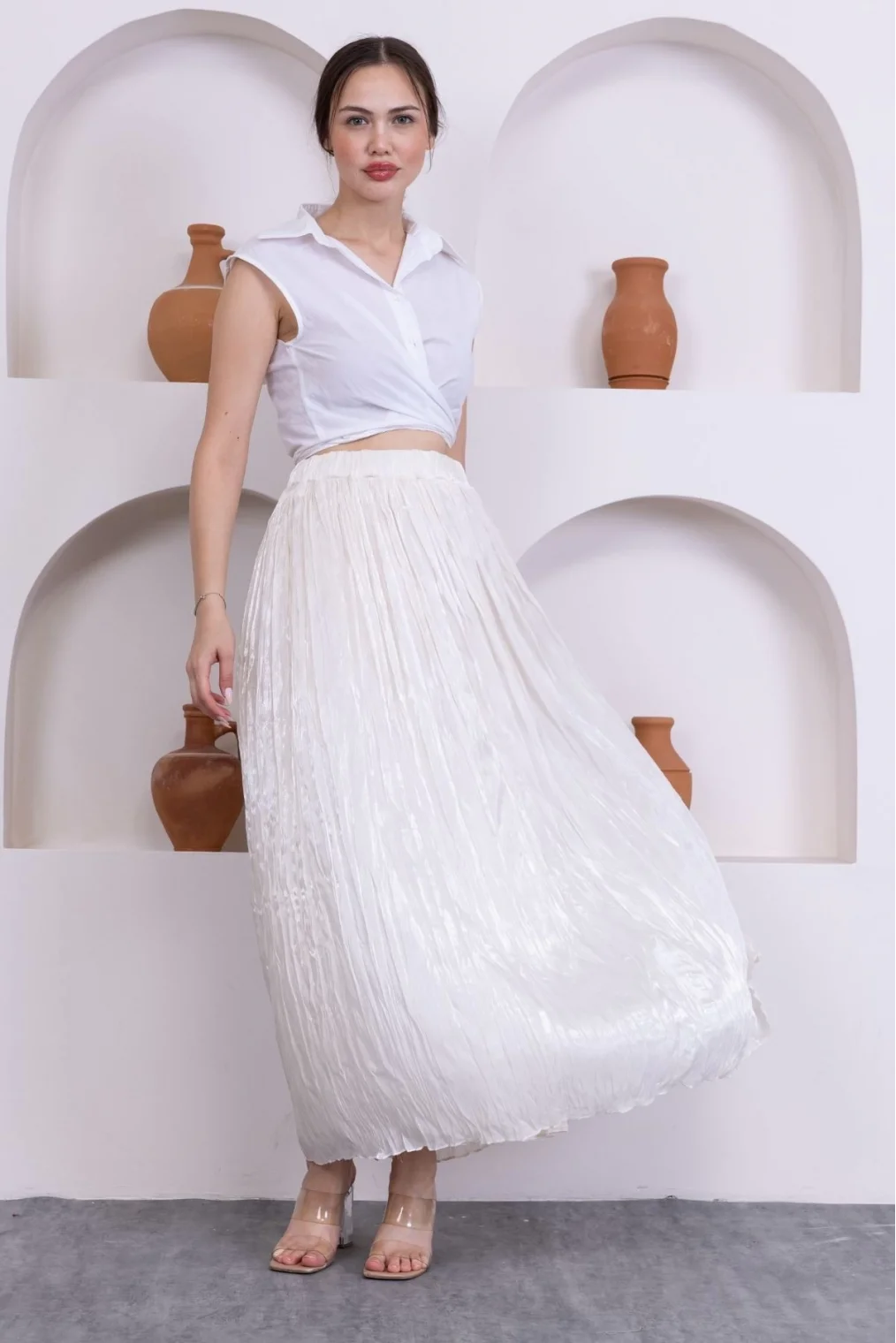 Kırışık Detaylı Etek 6034-Krem