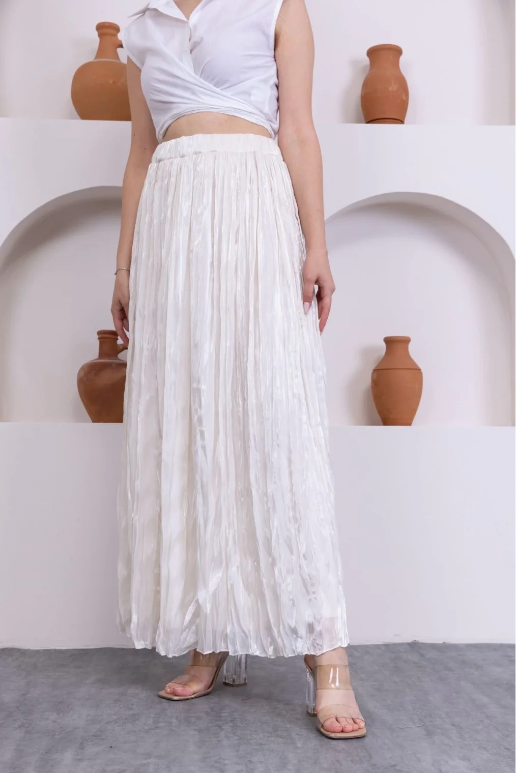 Kırışık Detaylı Etek 6034-Krem