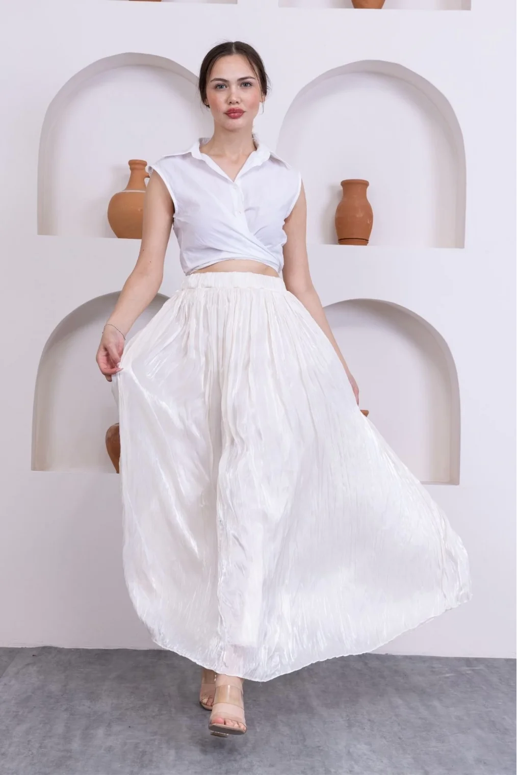 Kırışık Detaylı Etek 6034-Krem