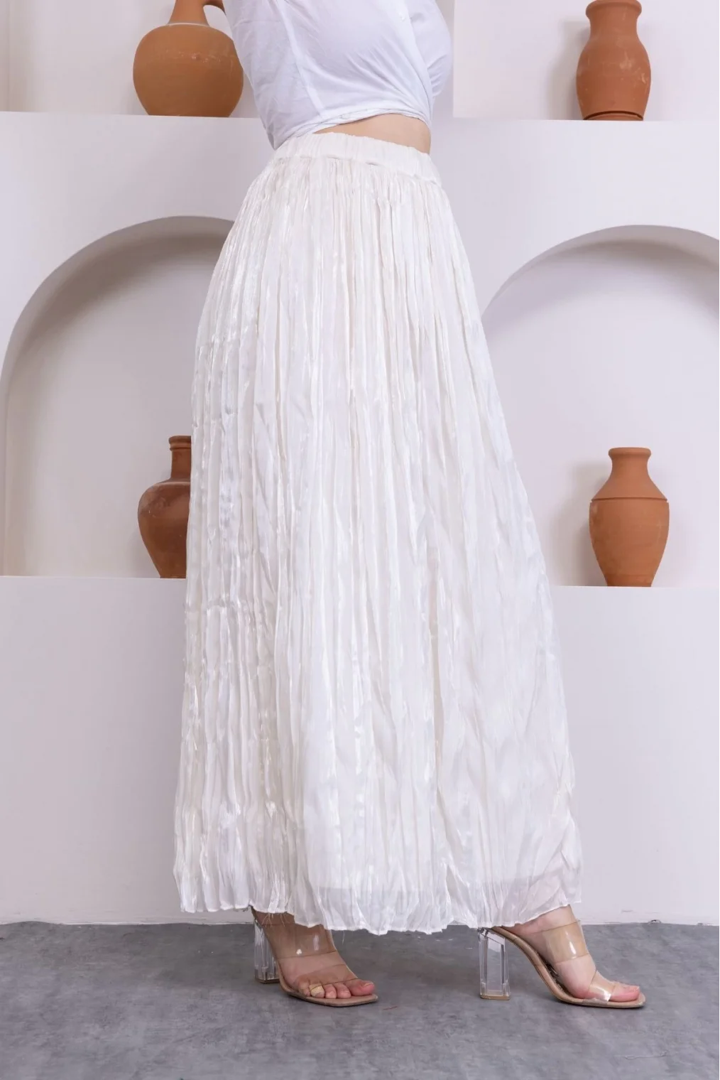 Kırışık Detaylı Etek 6034-Krem