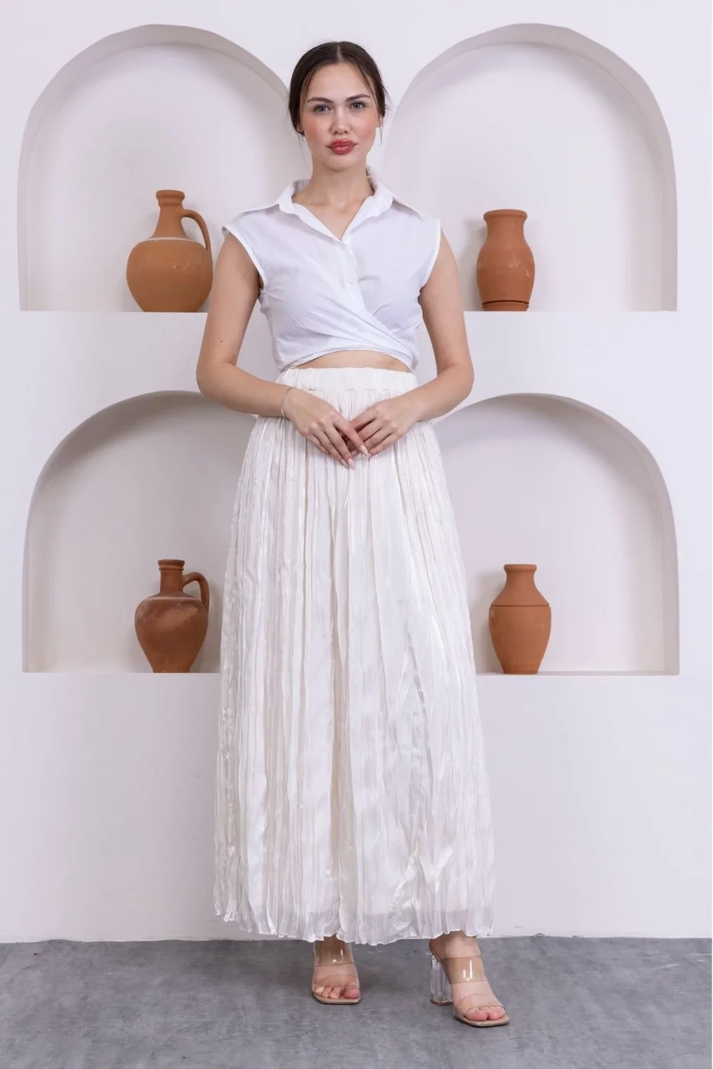 Kırışık Detaylı Etek 6034-Krem