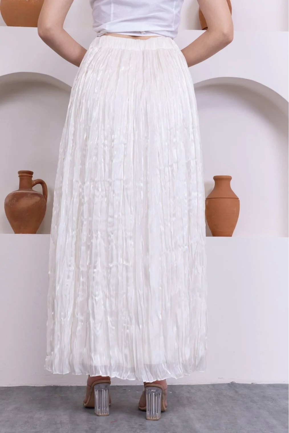 Kırışık Detaylı Etek 6034-Krem