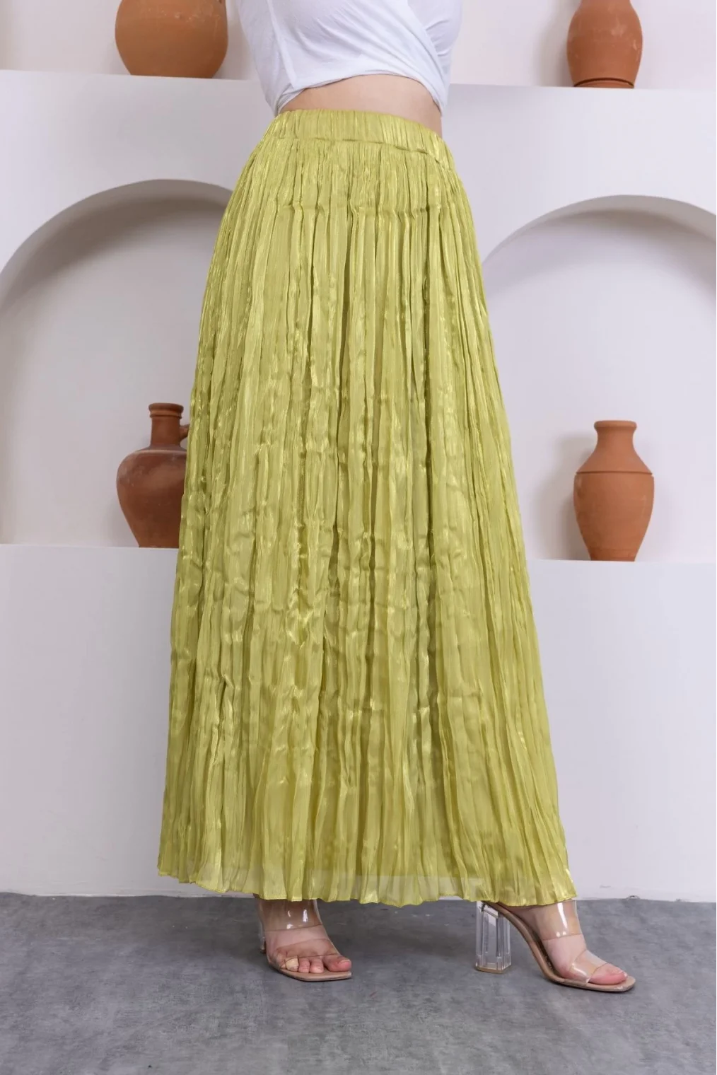 Kırışık Detaylı Etek 6034-Yağ Yeşili