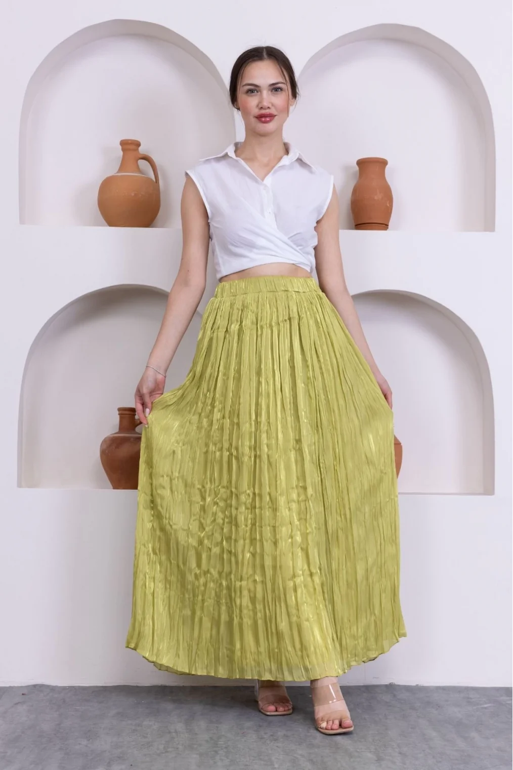 Kırışık Detaylı Etek 6034-Yağ Yeşili