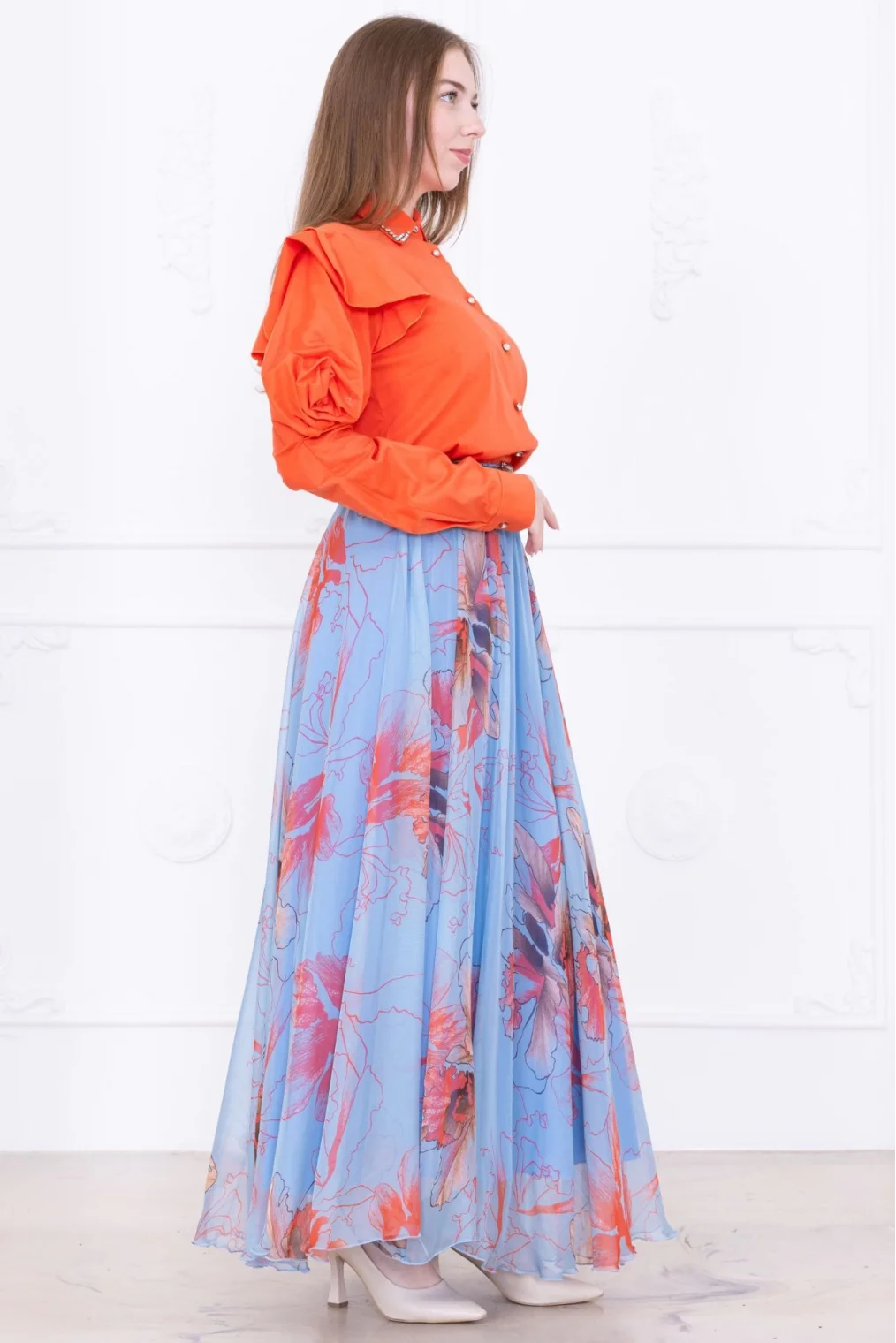 Kol Gül Detaylı İpek Şifon Etekli İkili Takım 4708-Oranj