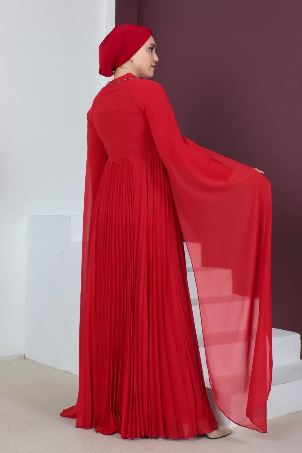 Kol Pelerin Detaylı Tesettür Abiye Elbise 715-Kırmızı