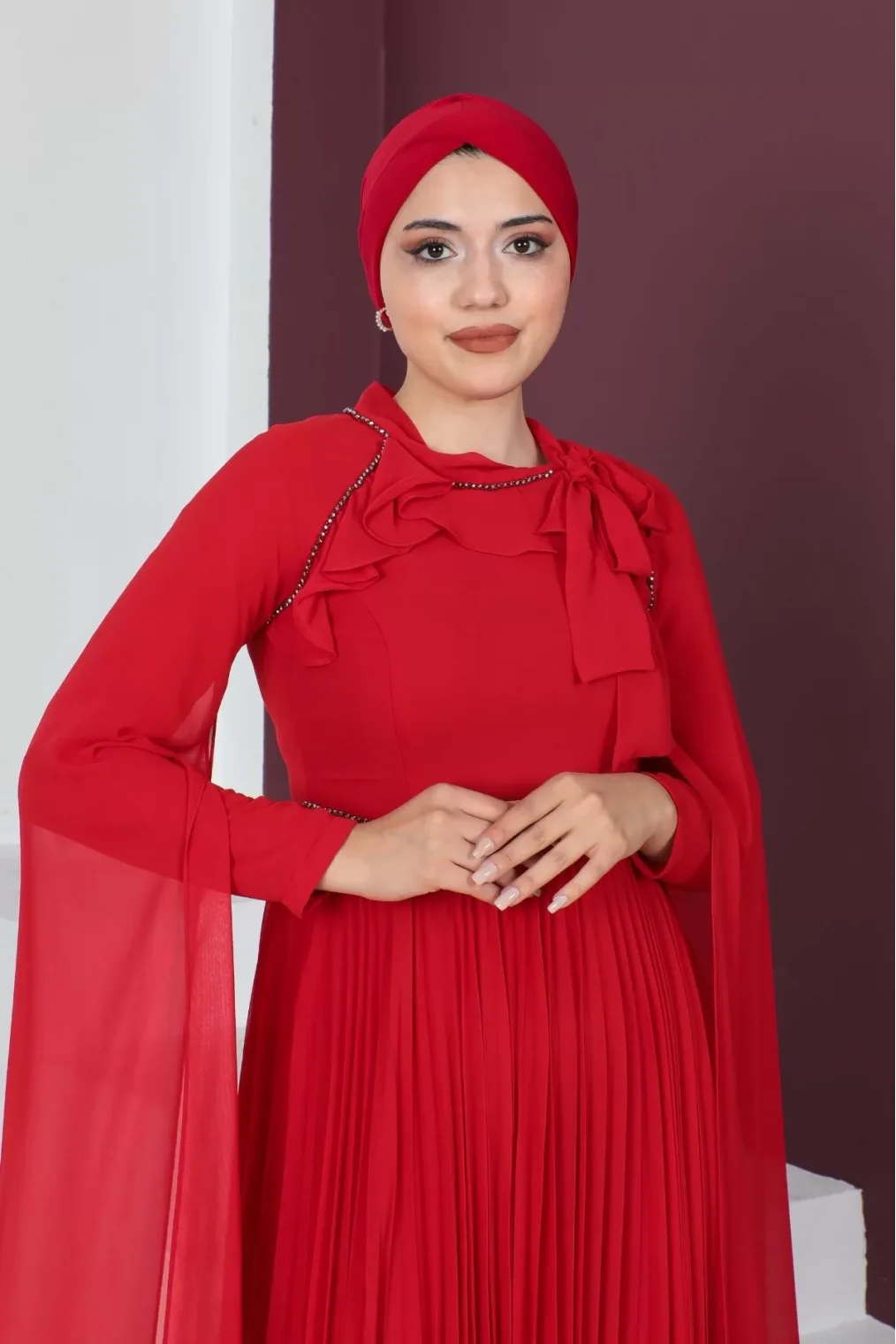 Kol Pelerin Detaylı Tesettür Abiye Elbise 715-Kırmızı