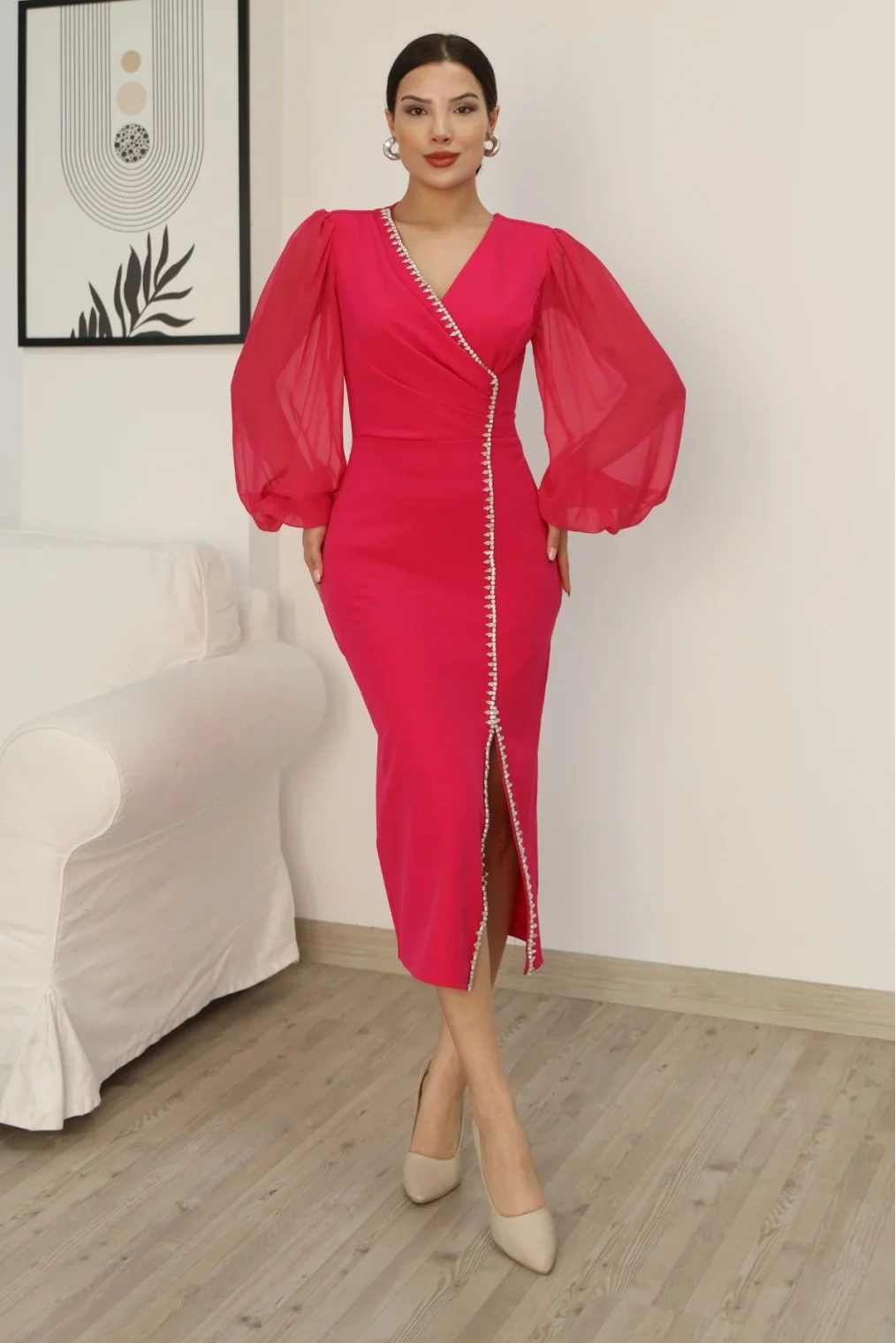 Kruvaze Yaka Balon Kol Taş ve Yırtmaç Detaylı Elbise 2237-Fuşya