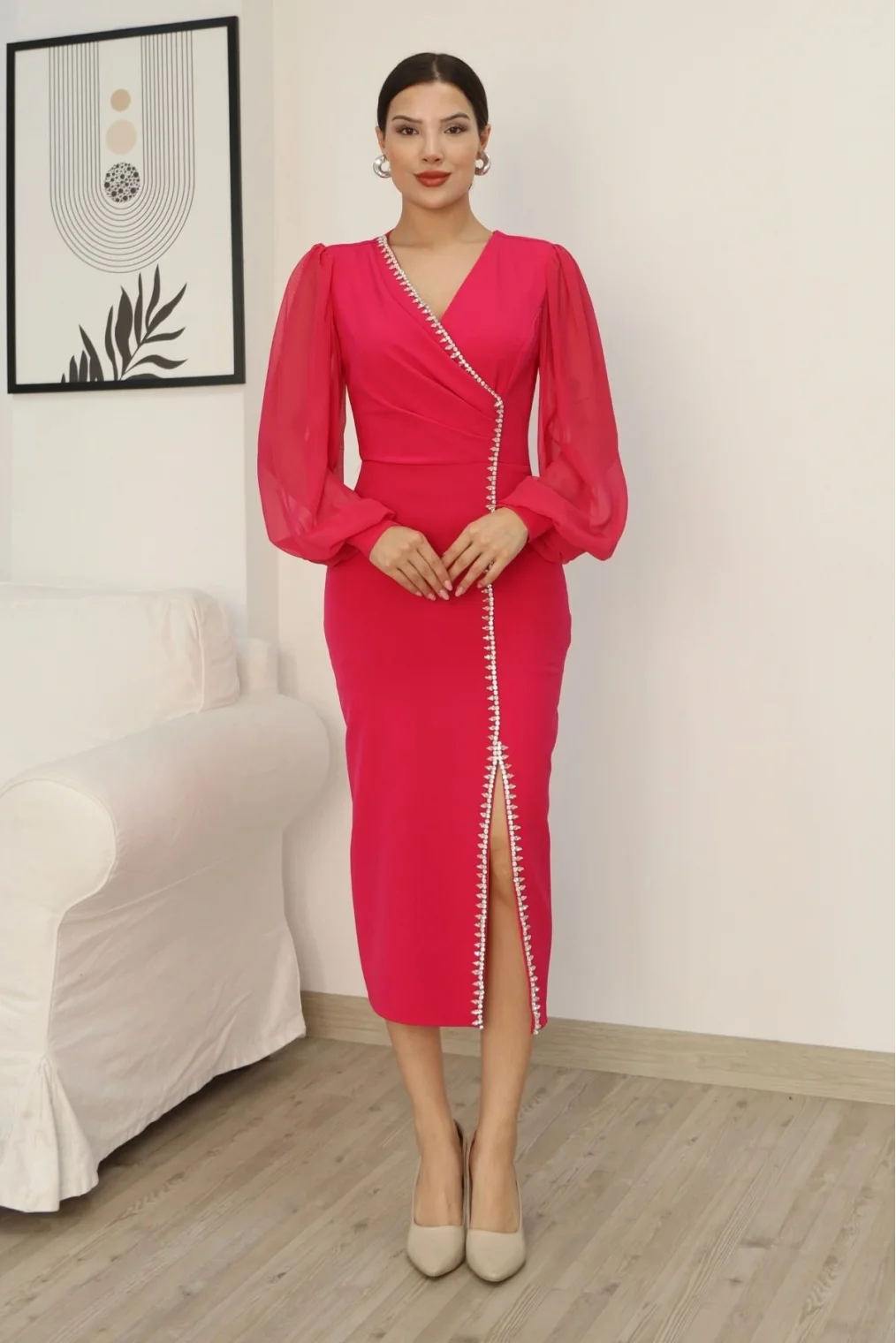 Kruvaze Yaka Balon Kol Taş ve Yırtmaç Detaylı Elbise 2237-Fuşya