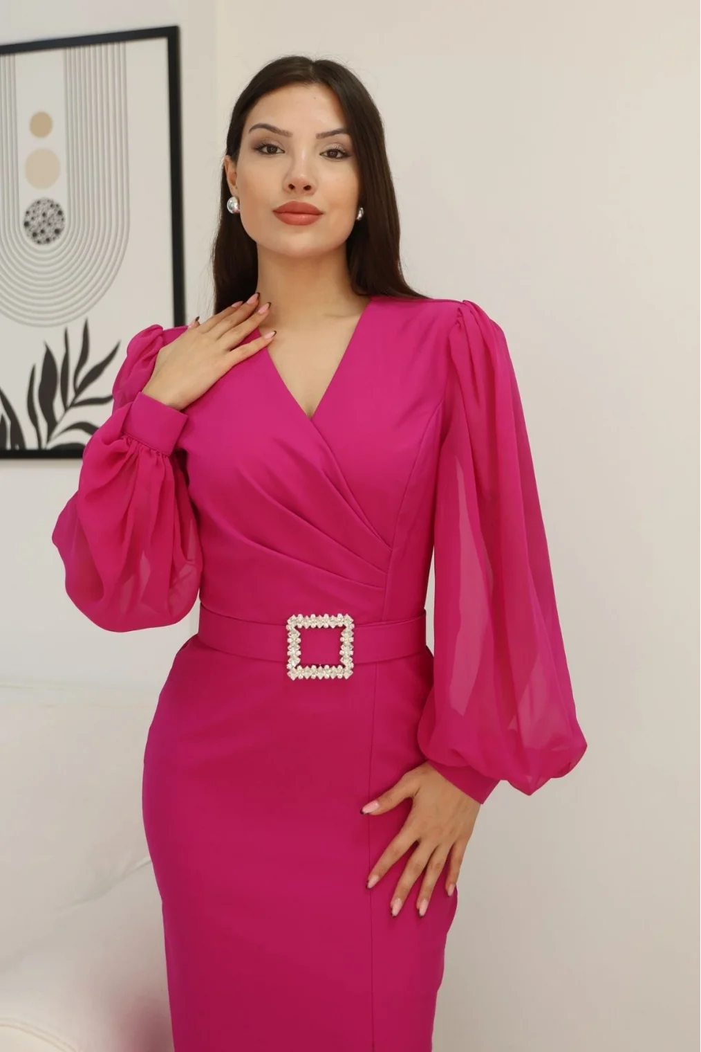 Kruvaze Yaka Balon Kollu Yırtmaçlı Abiye Elbise 2315-Fuşya