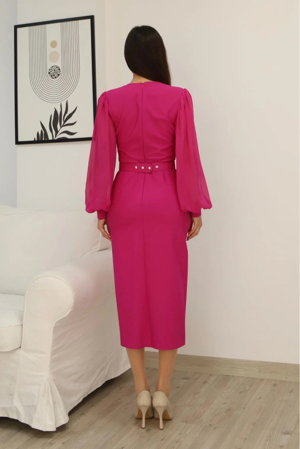 Kruvaze Yaka Balon Kollu Yırtmaçlı Abiye Elbise 2315-Fuşya