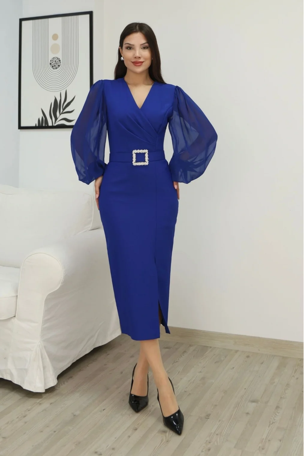 Kruvaze Yaka Balon Kollu Yırtmaçlı Abiye Elbise 2315-Saks