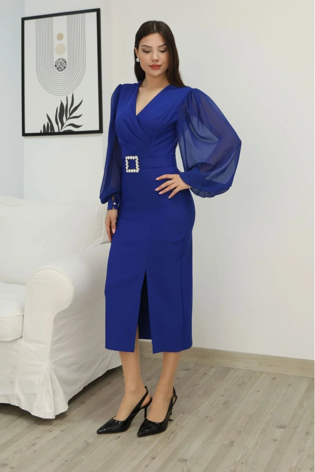 Kruvaze Yaka Balon Kollu Yırtmaçlı Abiye Elbise 2315-Saks