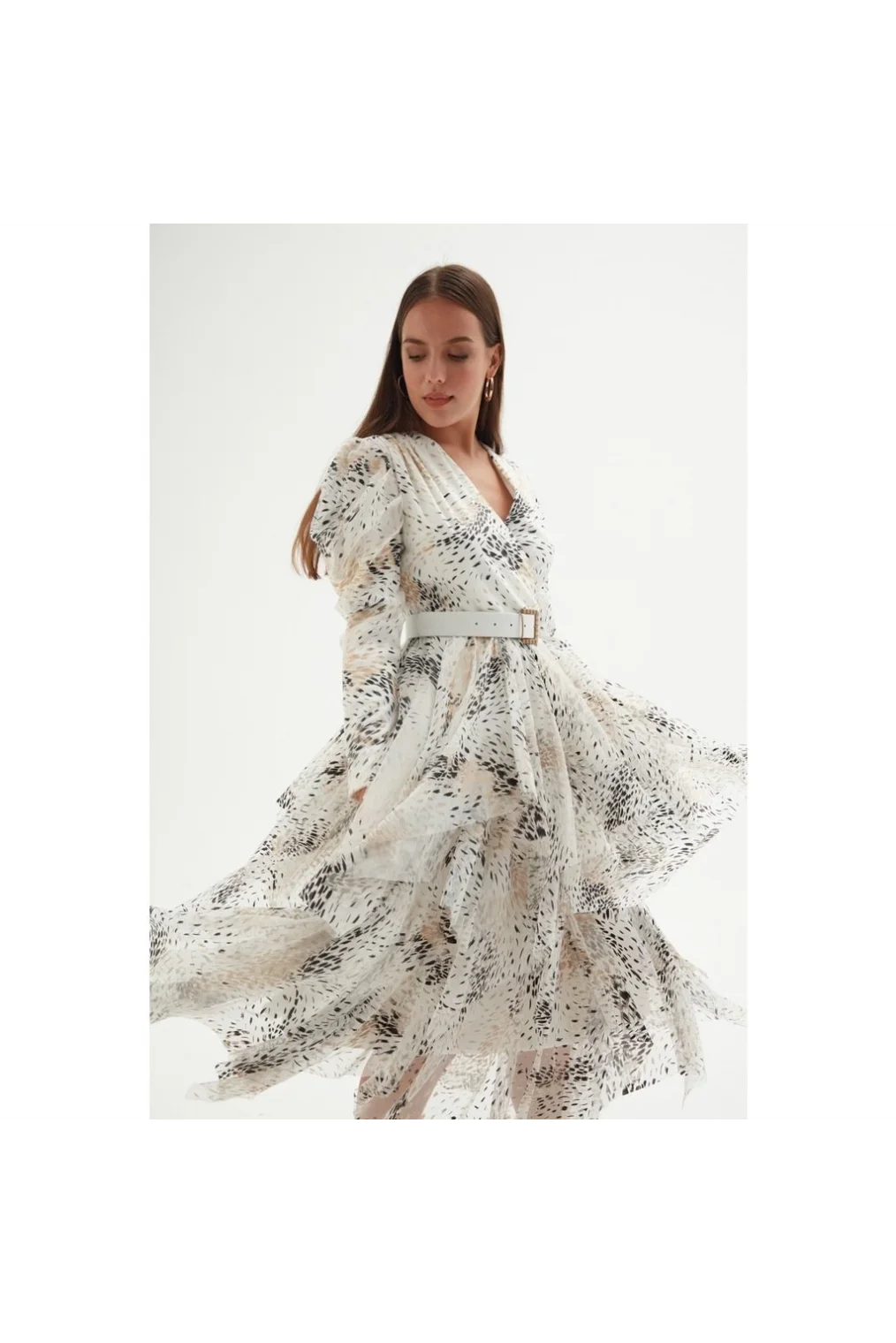 Kruvaze Yaka Baskılı Tül Abiye Elbise 1773-Beyaz