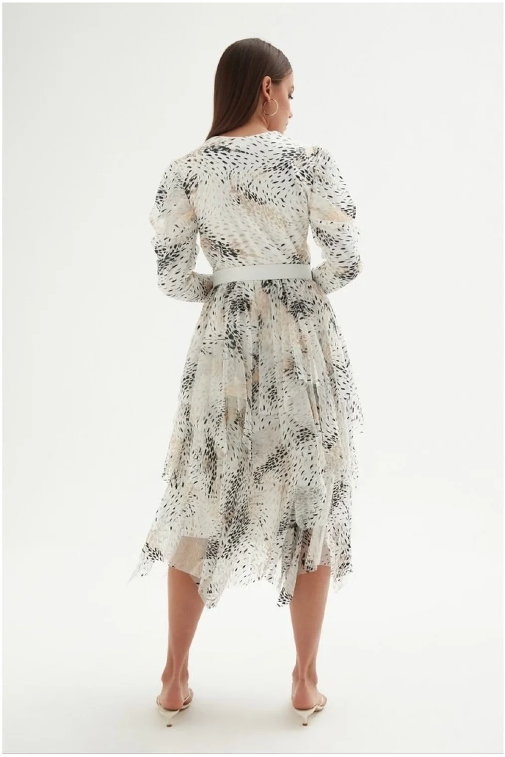 Kruvaze Yaka Baskılı Tül Abiye Elbise 1773-Beyaz