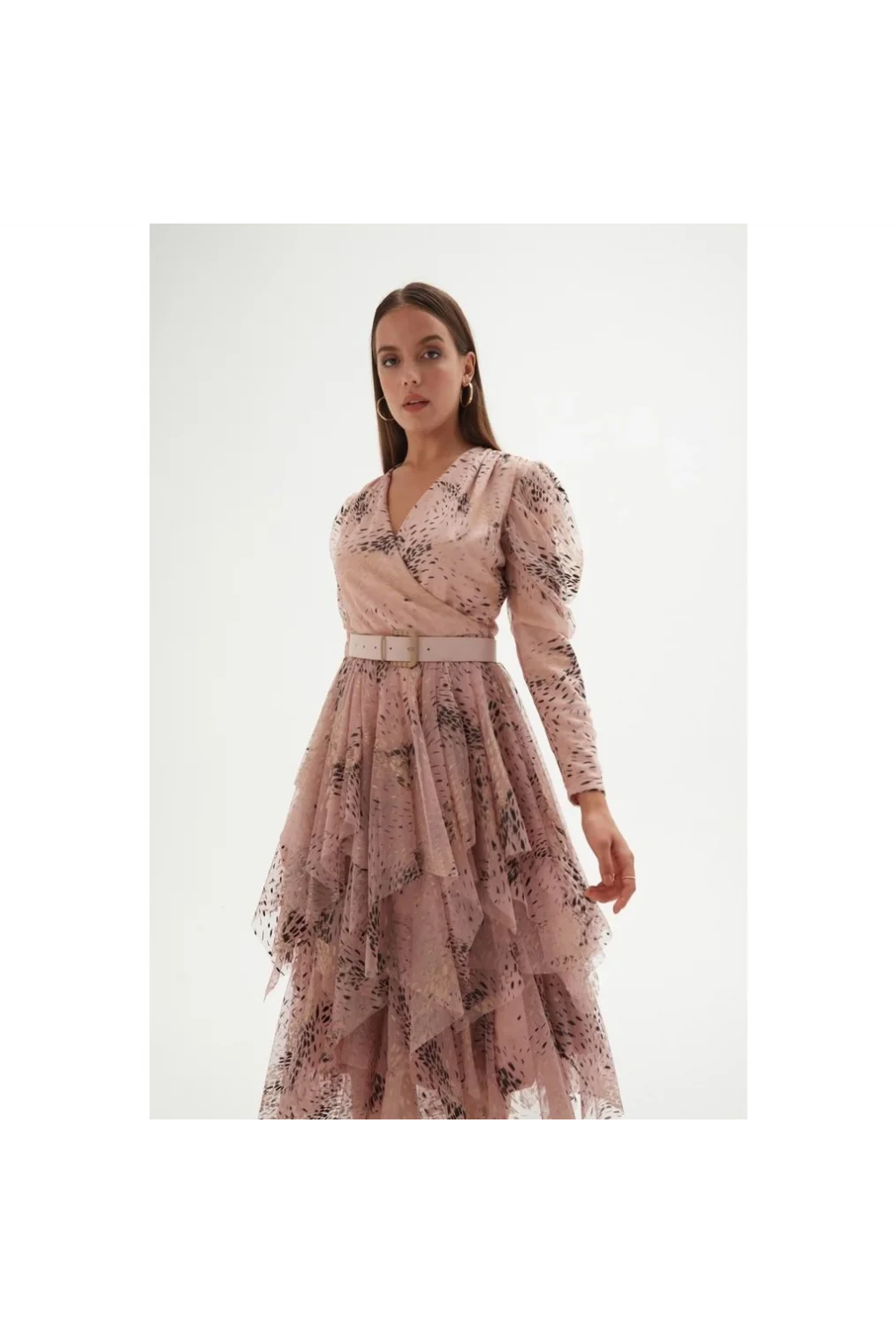 Kruvaze Yaka Baskılı Tül Abiye Elbise 1773-Pudra