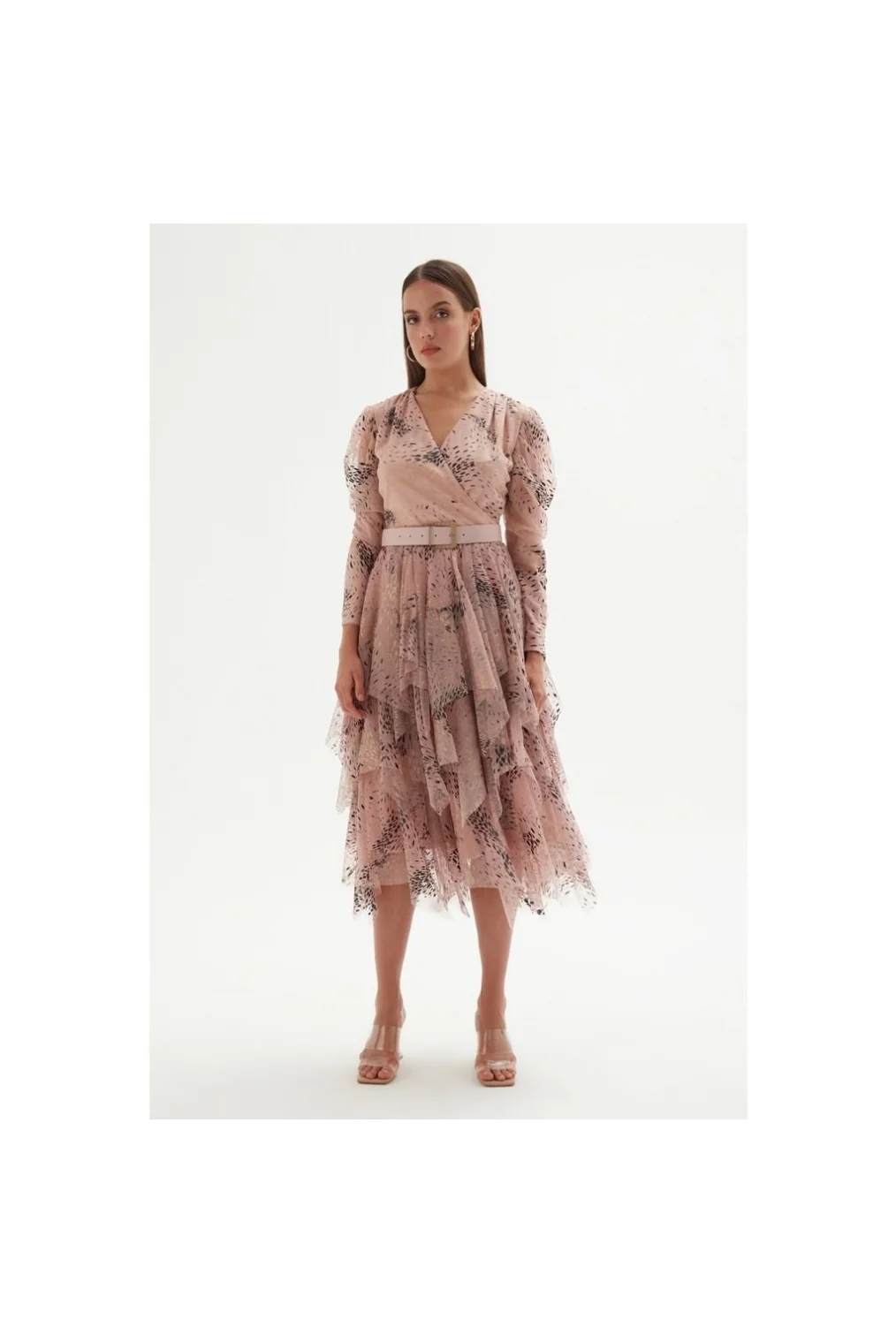 Kruvaze Yaka Baskılı Tül Abiye Elbise 1773-Pudra