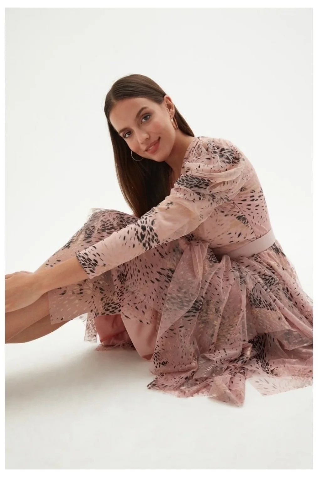 Kruvaze Yaka Baskılı Tül Abiye Elbise 1773-Pudra