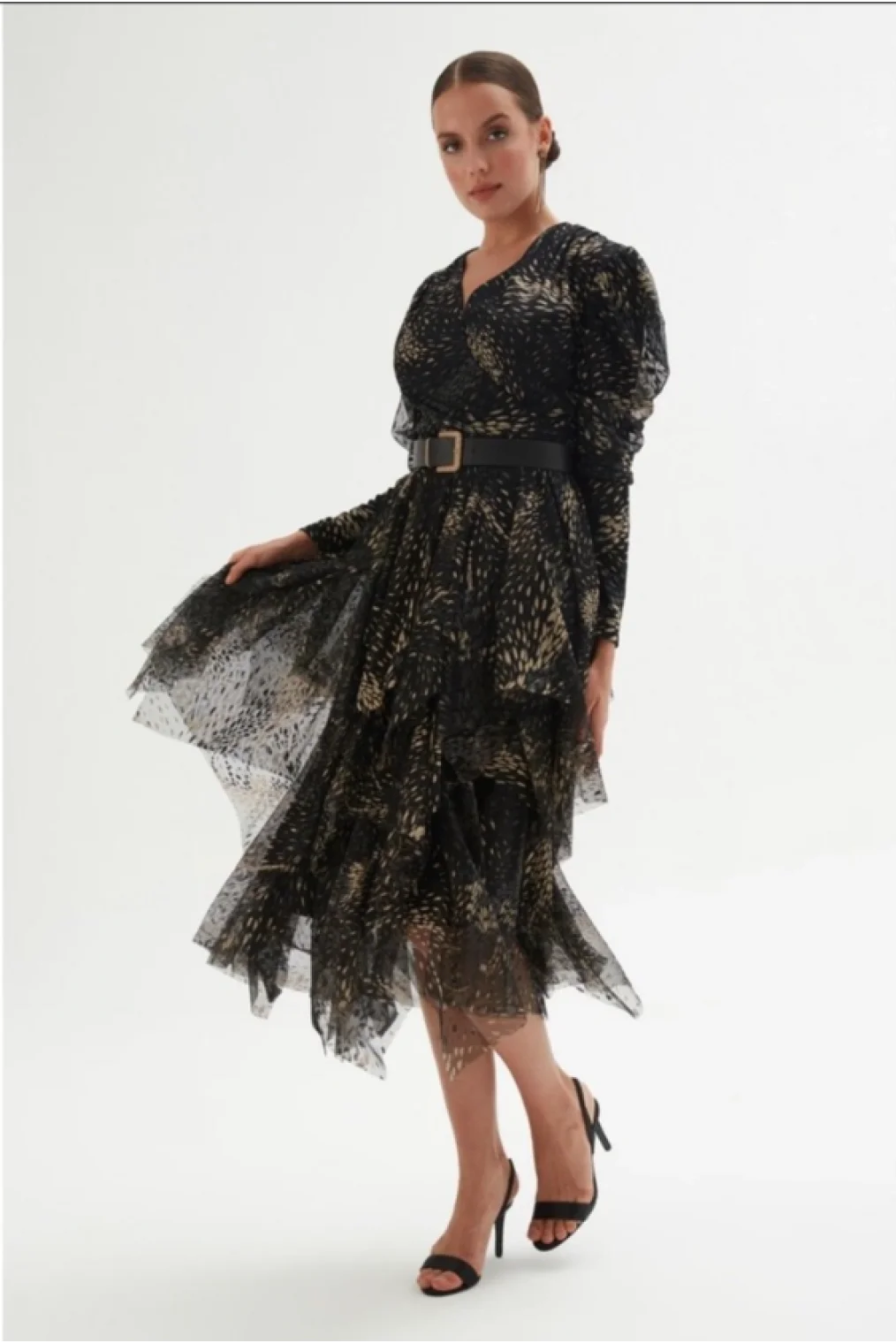 Kruvaze Yaka Baskılı Tül Abiye Elbise 1773-Siyah