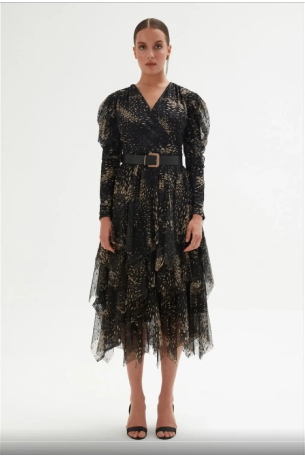 Kruvaze Yaka Baskılı Tül Abiye Elbise 1773-Siyah