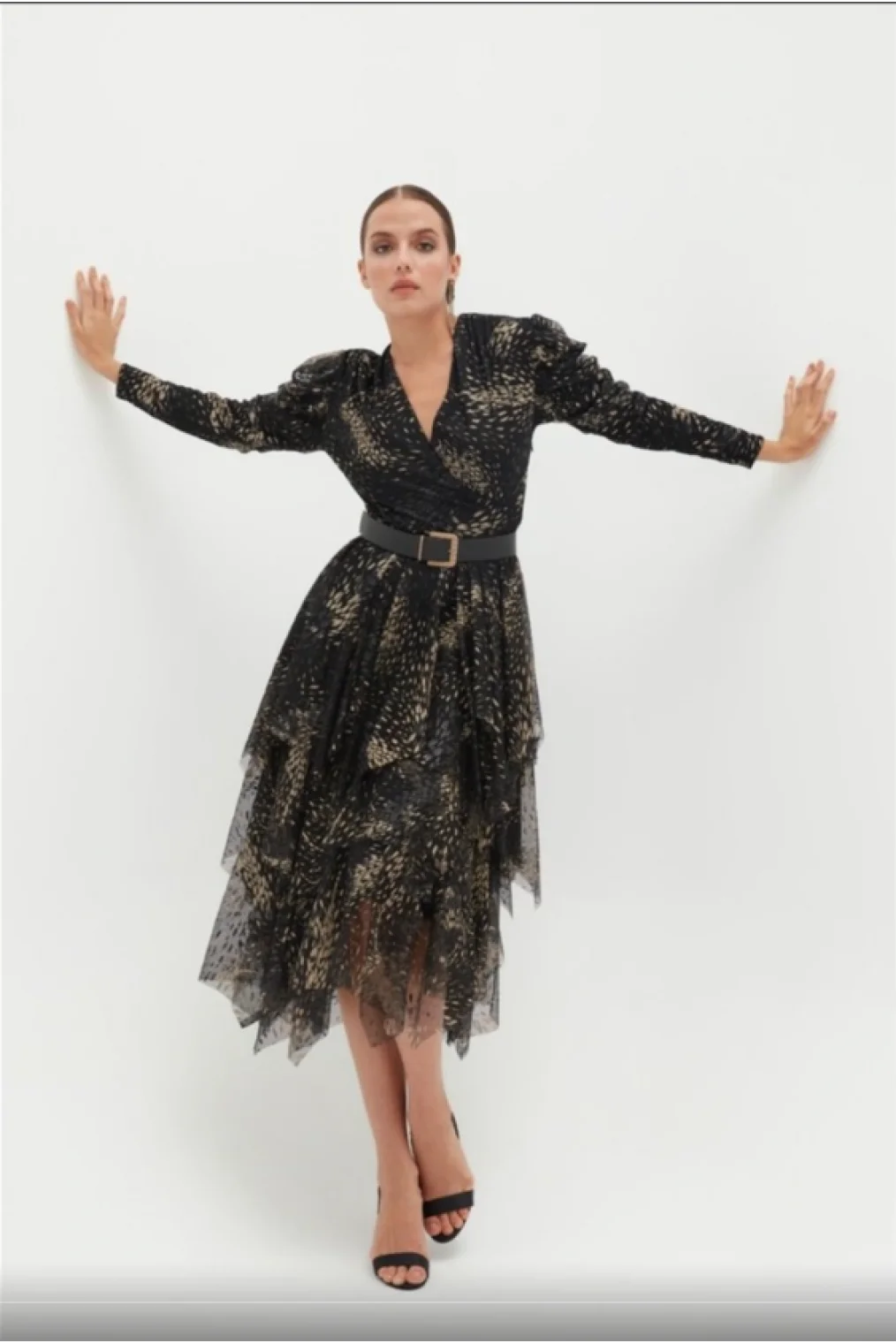 Kruvaze Yaka Baskılı Tül Abiye Elbise 1773-Siyah