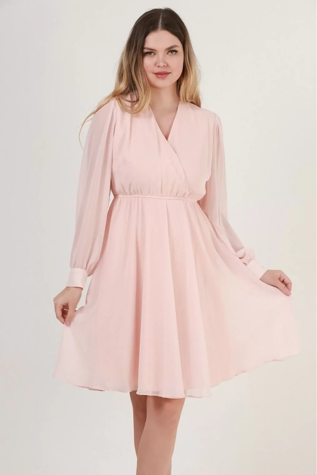 Kruvaze Yaka Bel Lastikli Şifon Elbise 1782-Krem