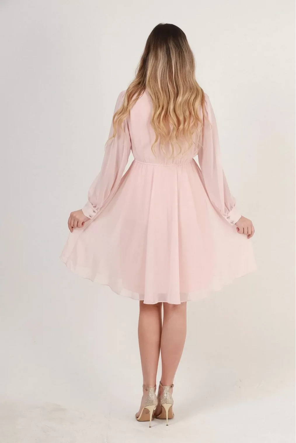 Kruvaze Yaka Bel Lastikli Şifon Elbise 1782-Krem