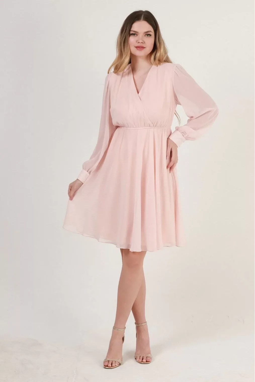 Kruvaze Yaka Bel Lastikli Şifon Elbise 1782-Krem