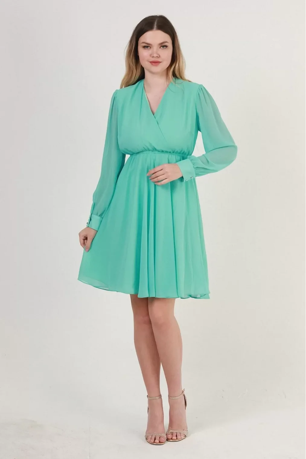 Kruvaze Yaka Bel Lastikli Şifon Elbise 1782-Mint Yeşili