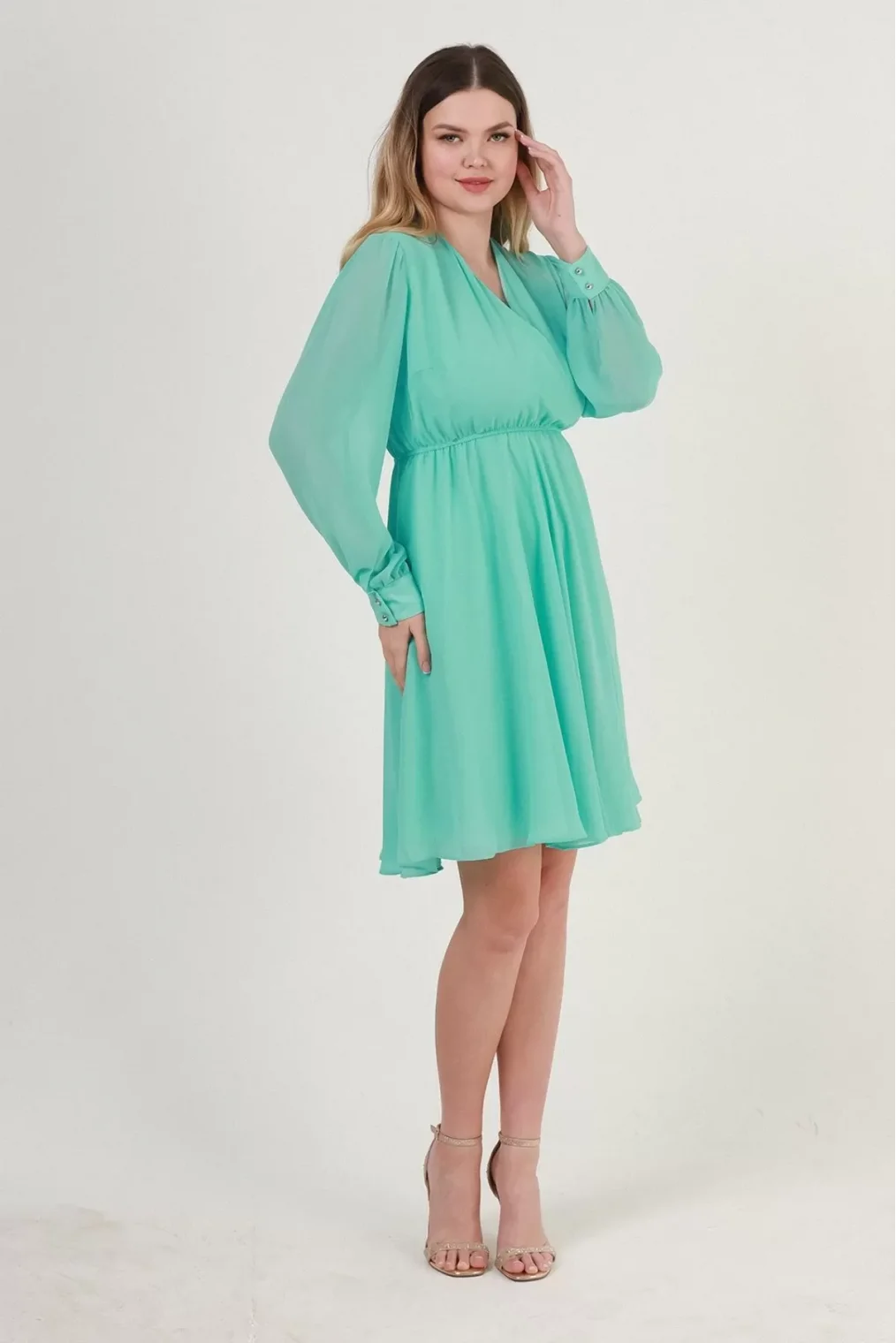 Kruvaze Yaka Bel Lastikli Şifon Elbise 1782-Mint Yeşili