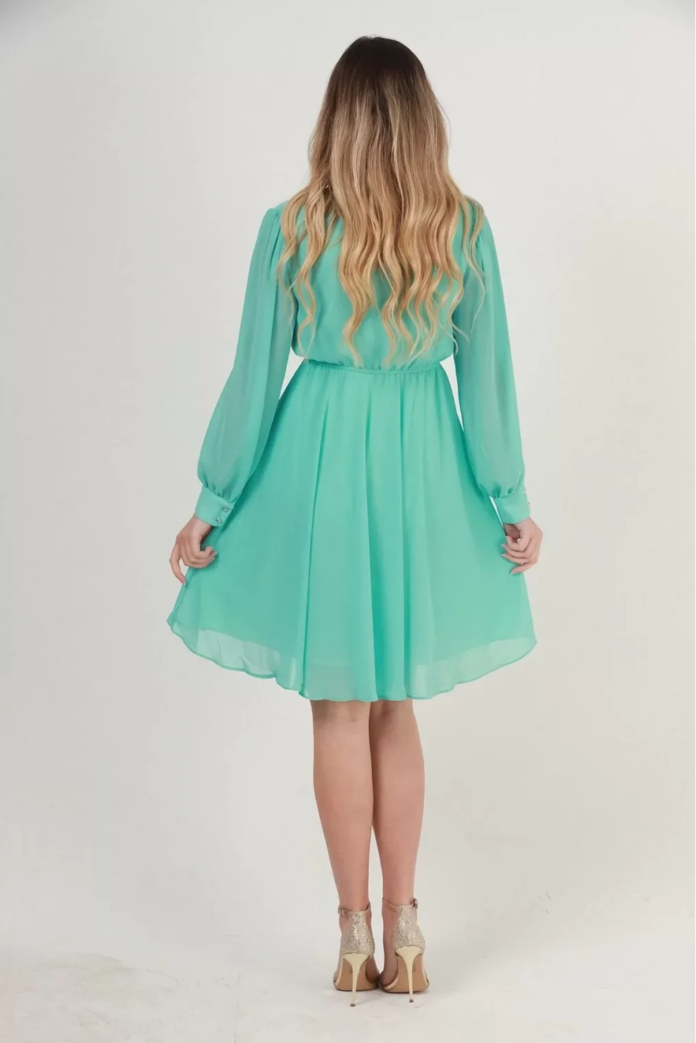 Kruvaze Yaka Bel Lastikli Şifon Elbise 1782-Mint Yeşili