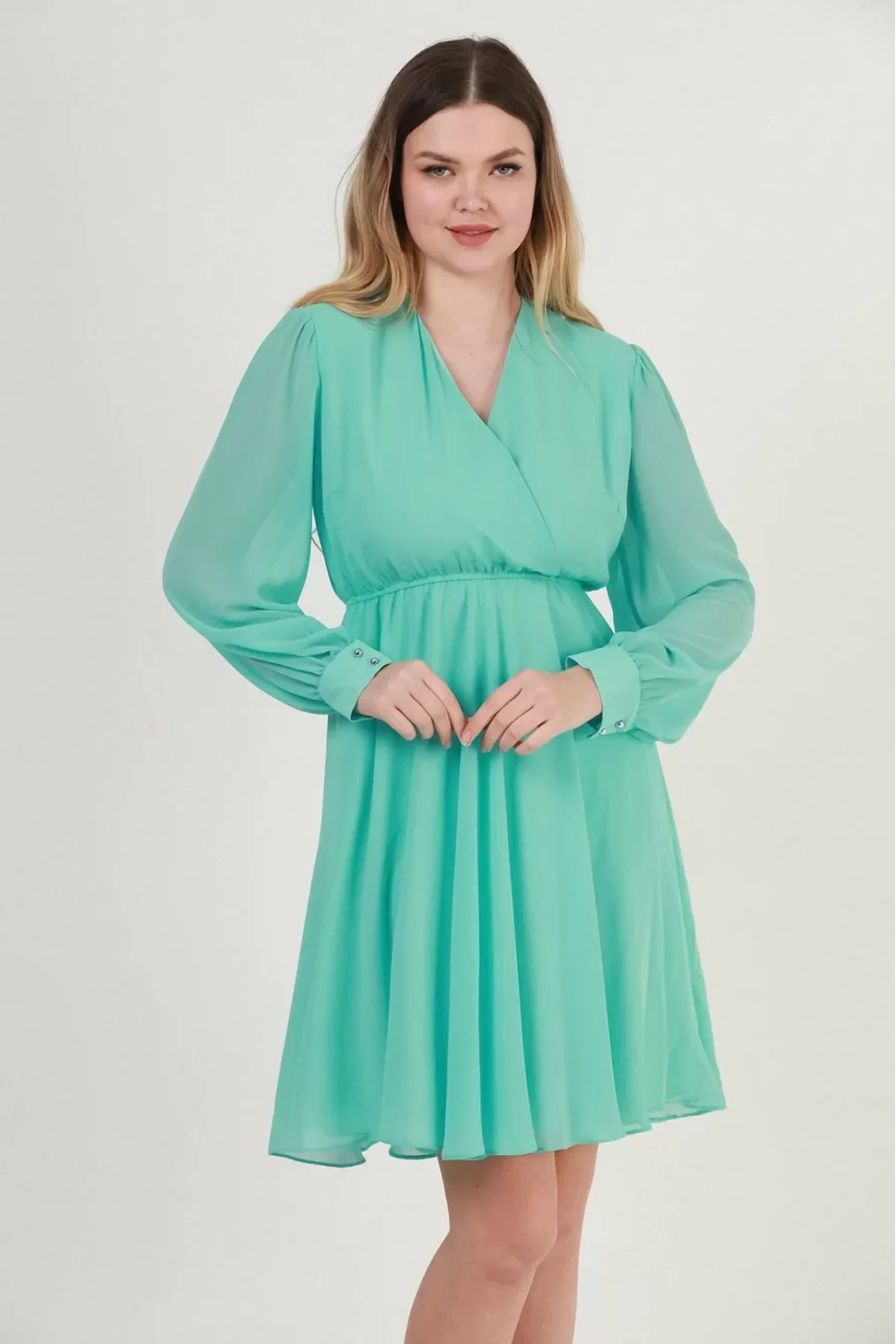 Kruvaze Yaka Bel Lastikli Şifon Elbise 1782-Mint Yeşili