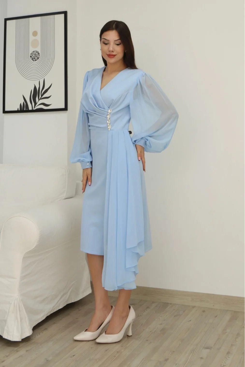 Kruvaze Yaka Bel Şifon Detaylı Balon Kol Abiye Elbise 2263-Bebe Mavisi
