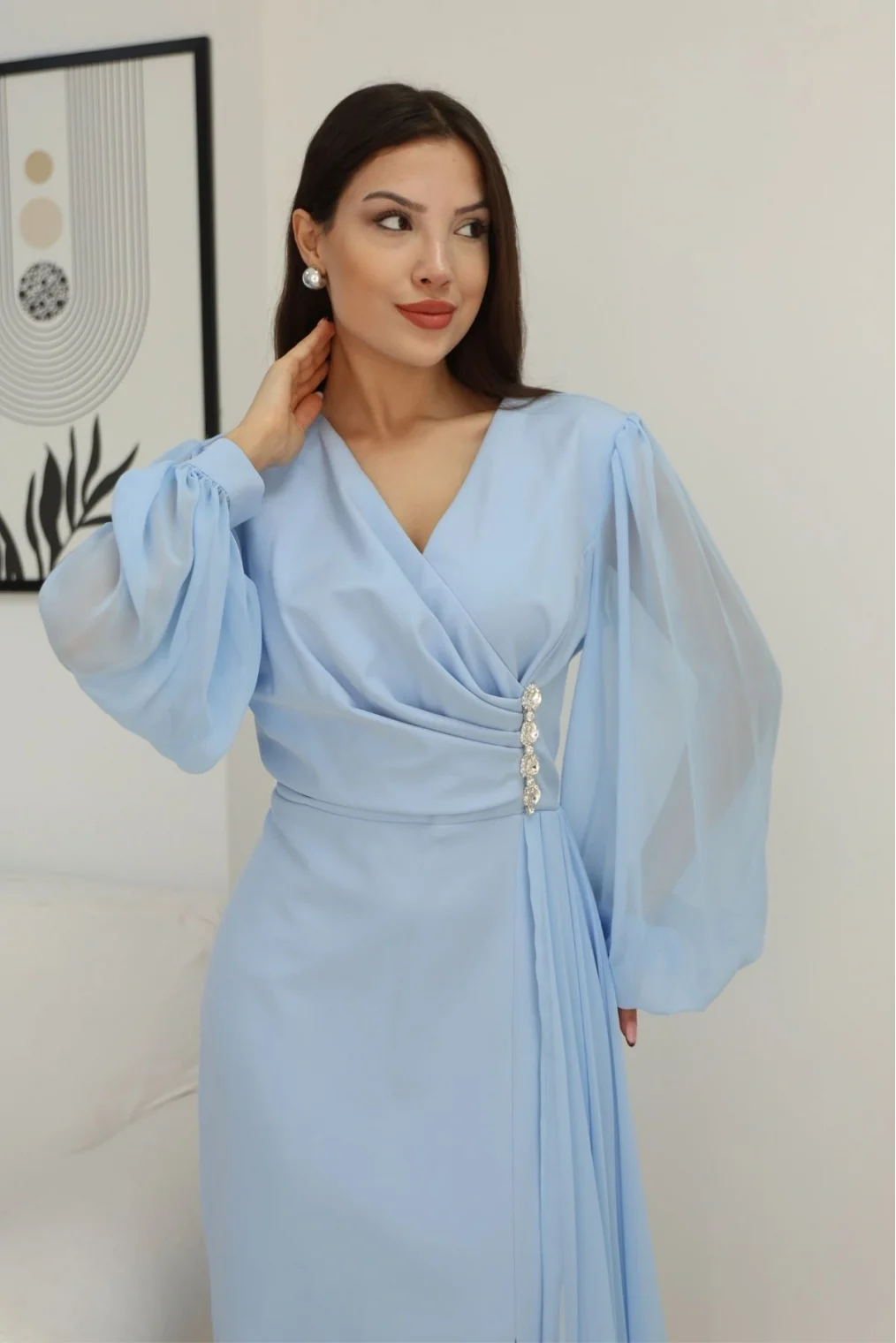 Kruvaze Yaka Bel Şifon Detaylı Balon Kol Abiye Elbise 2263-Bebe Mavisi