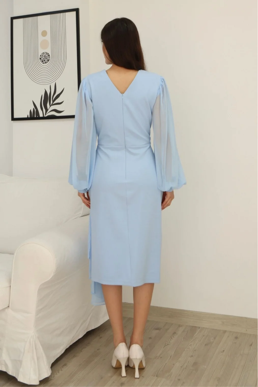 Kruvaze Yaka Bel Şifon Detaylı Balon Kol Abiye Elbise 2263-Bebe Mavisi