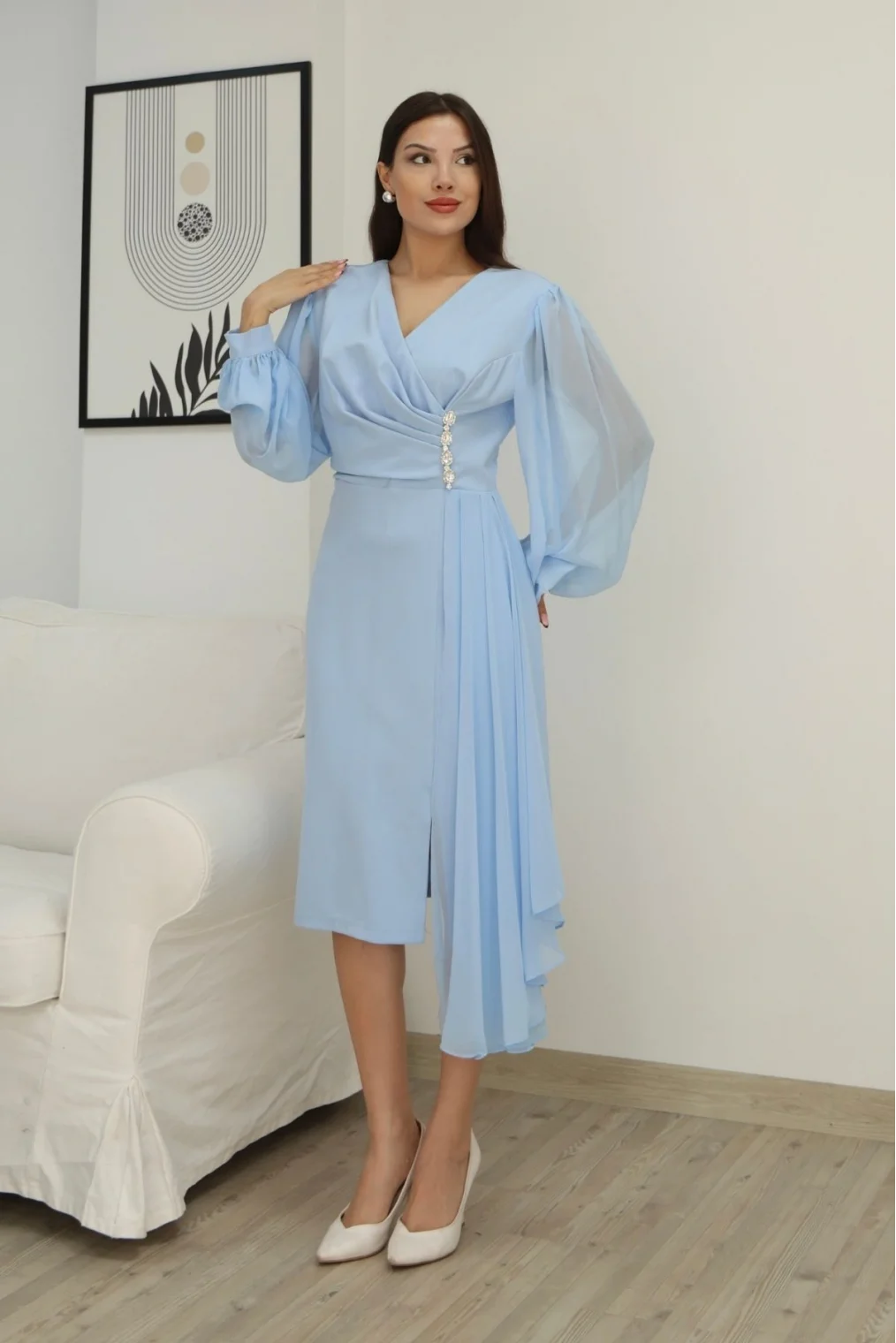 Kruvaze Yaka Bel Şifon Detaylı Balon Kol Abiye Elbise 2263-Bebe Mavisi