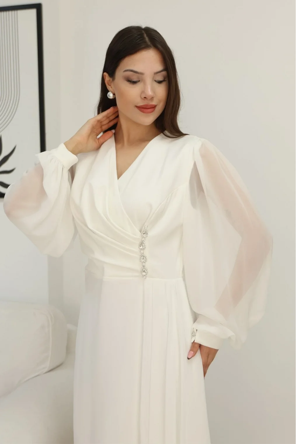 Kruvaze Yaka Bel Şifon Detaylı Balon Kol Abiye Elbise 2263-Beyaz