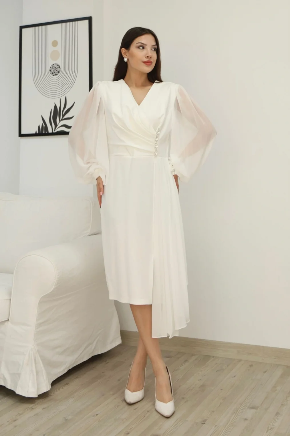 Kruvaze Yaka Bel Şifon Detaylı Balon Kol Abiye Elbise 2263-Beyaz