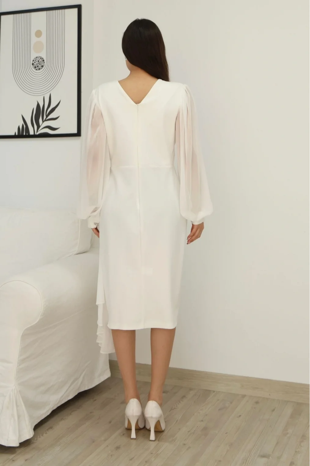 Kruvaze Yaka Bel Şifon Detaylı Balon Kol Abiye Elbise 2263-Beyaz