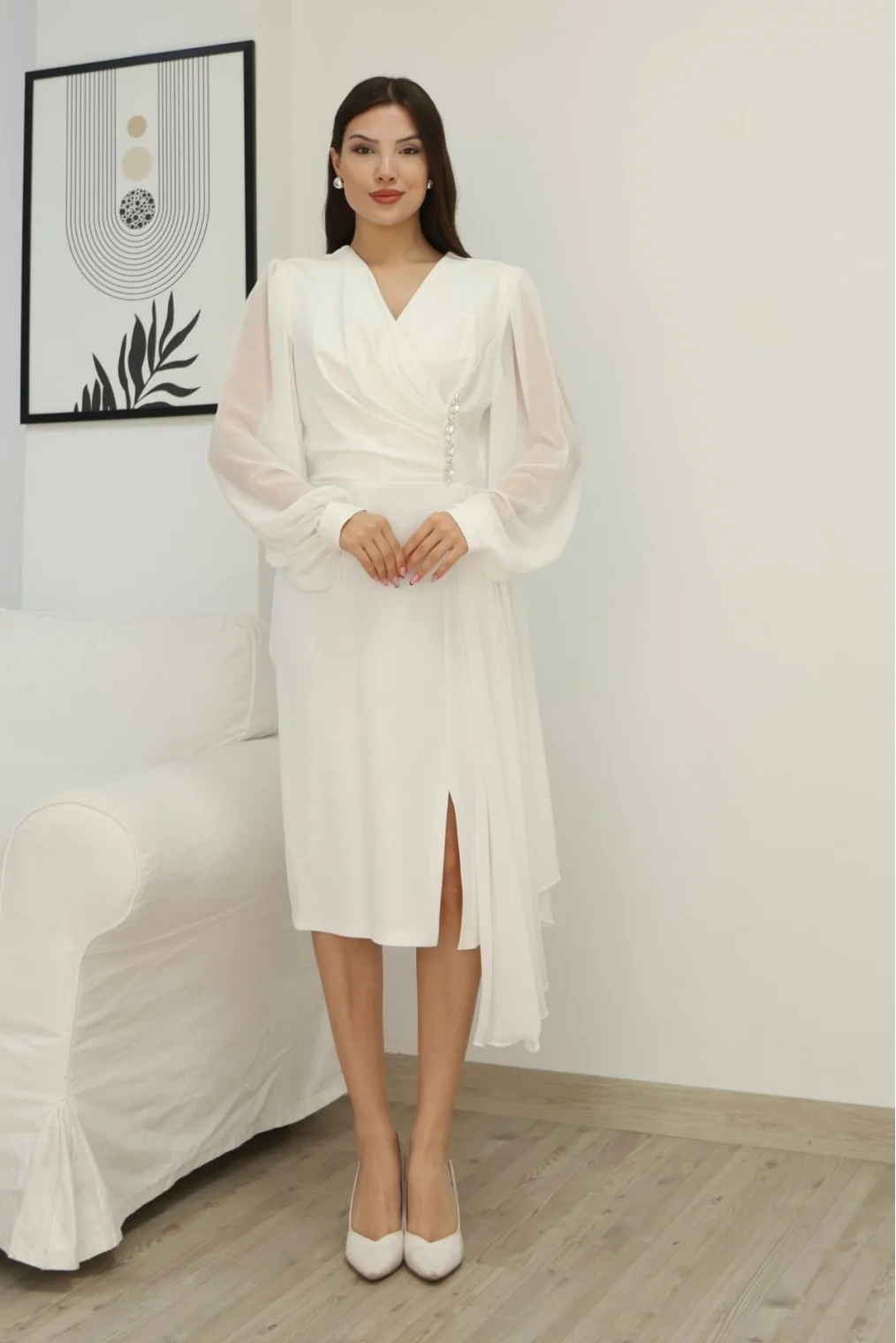 Kruvaze Yaka Bel Şifon Detaylı Balon Kol Abiye Elbise 2263-Beyaz