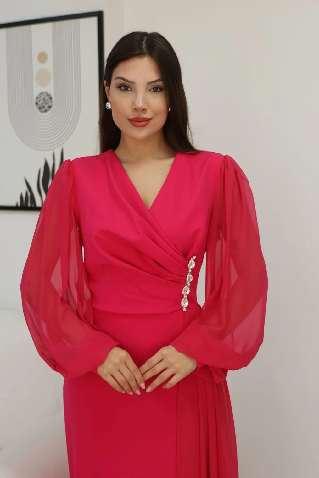 Kruvaze Yaka Bel Şifon Detaylı Balon Kol Abiye Elbise 2263-Fuşya