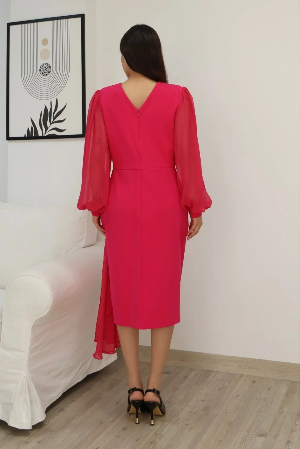 Kruvaze Yaka Bel Şifon Detaylı Balon Kol Abiye Elbise 2263-Fuşya