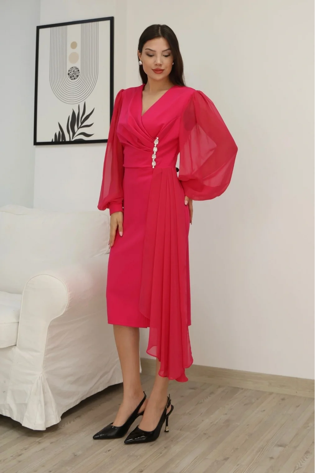Kruvaze Yaka Bel Şifon Detaylı Balon Kol Abiye Elbise 2263-Fuşya