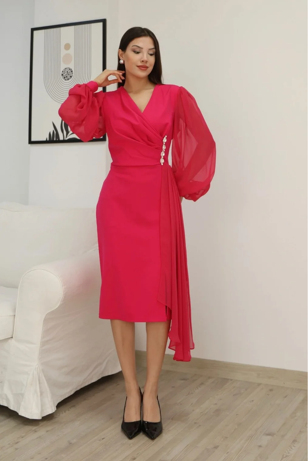 Kruvaze Yaka Bel Şifon Detaylı Balon Kol Abiye Elbise 2263-Fuşya