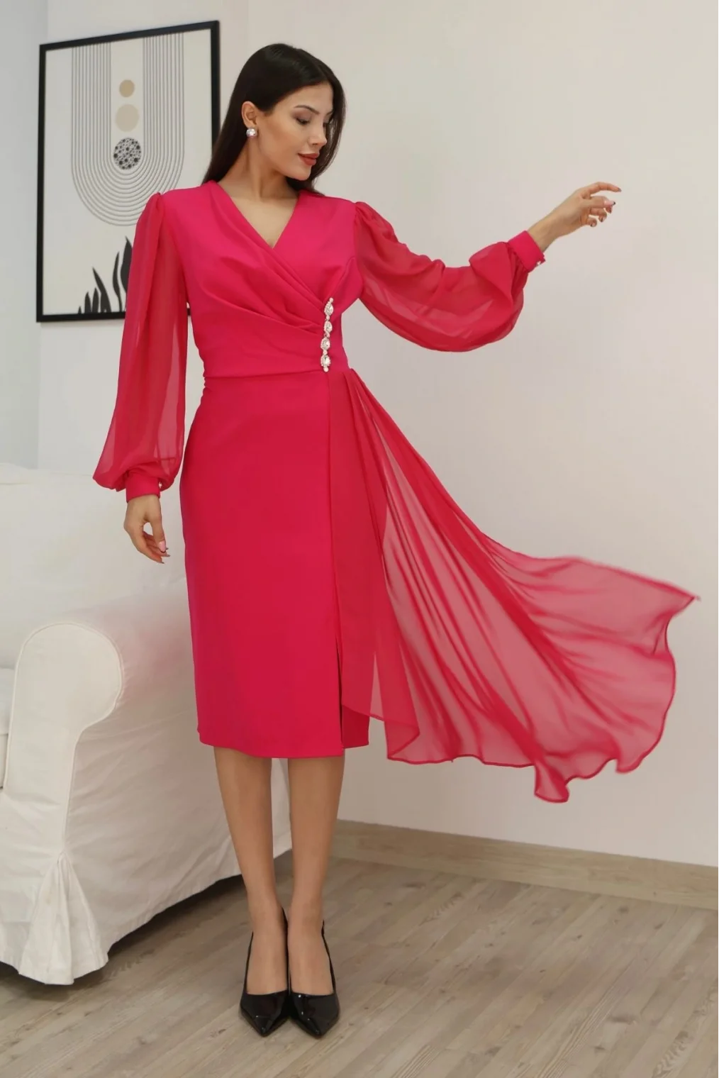 Kruvaze Yaka Bel Şifon Detaylı Balon Kol Abiye Elbise 2263-Fuşya